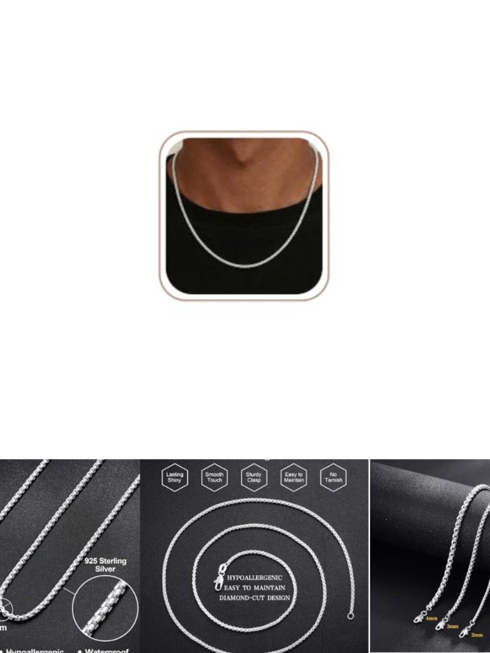 925 Sterling Silver Round Box Chain Necklace for Men Polished